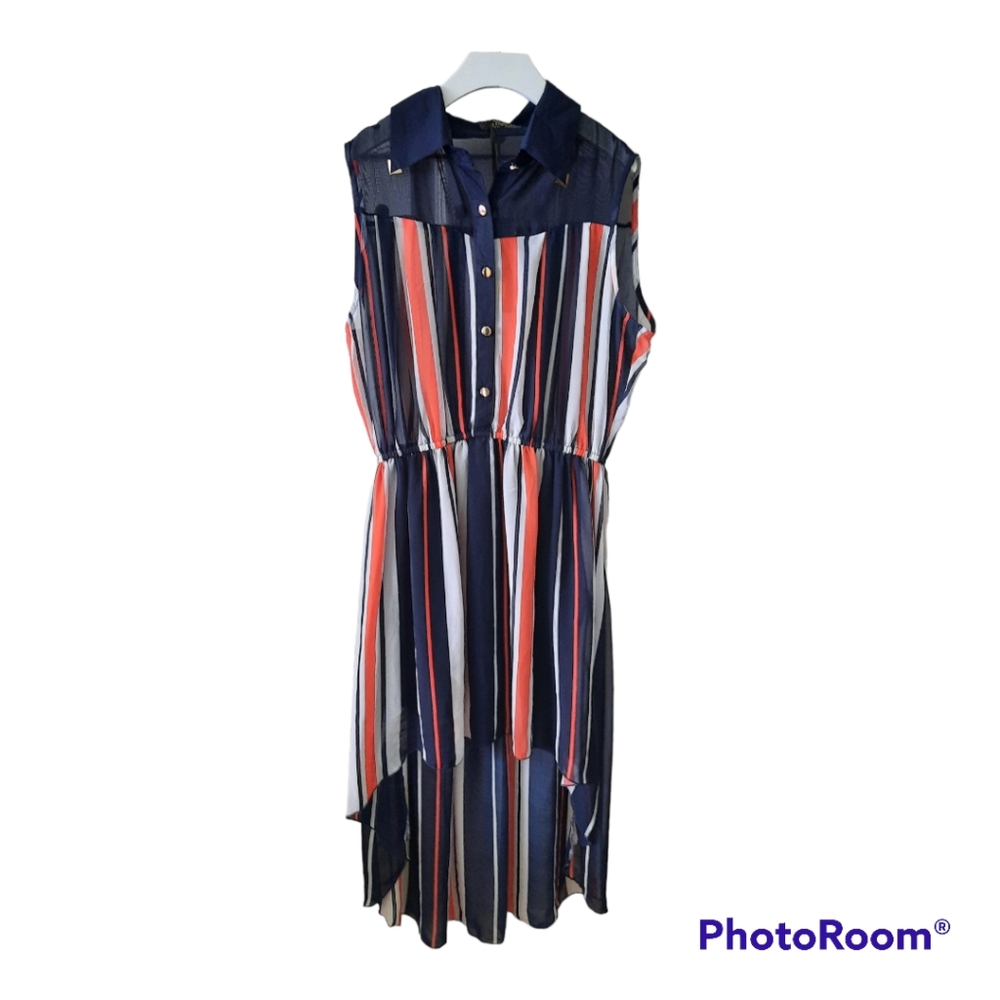 QED London Size L Button Down Sleeveless High-Low Striped Sheer Midi Dress NWT